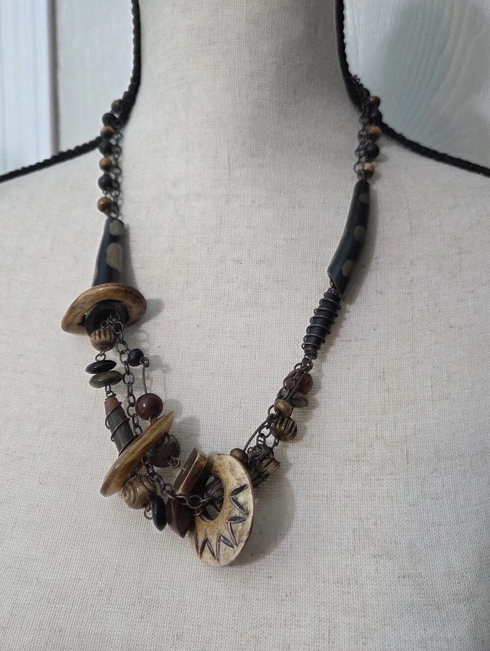Boho Bone Wood Carved Beaded Brown Statement Necklace Ethnic African Tribal